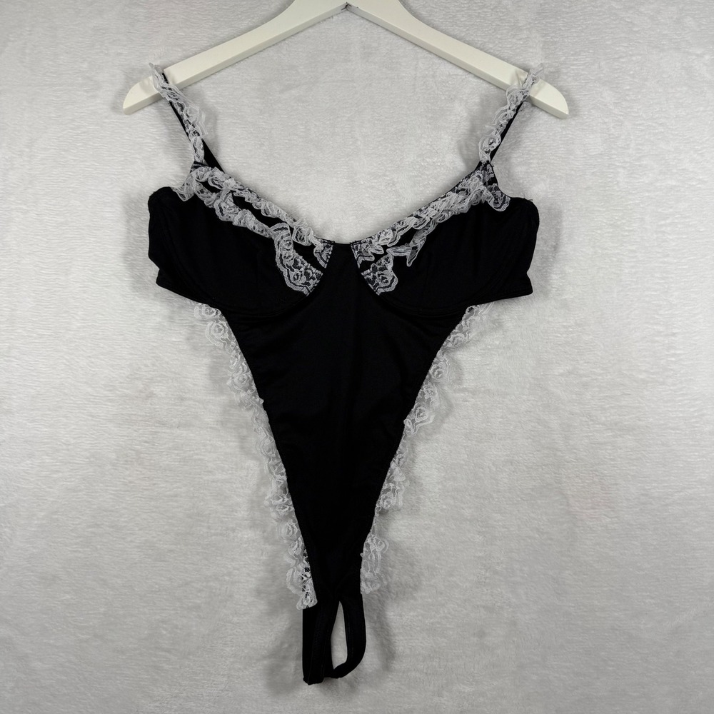 Dreamgirl Black White Lace Trim Underwire Teddy Bodysuit 10590 One Size O/S